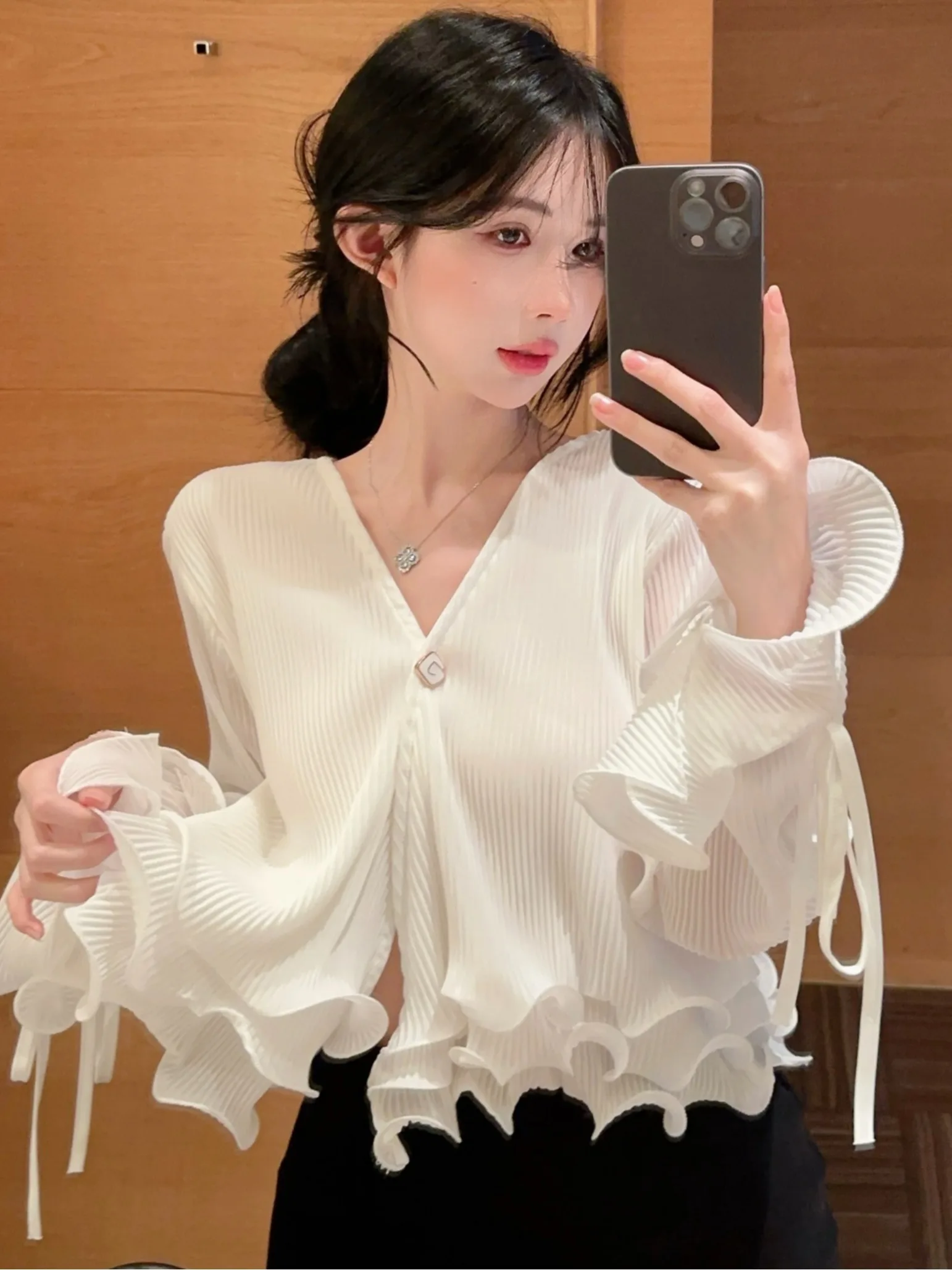 Hohe Taille V-Ne irt mit Spitzenbesatz 3D-Dekoration Damen Faion Frühling Herbst Top Ele Sle Blumendruck