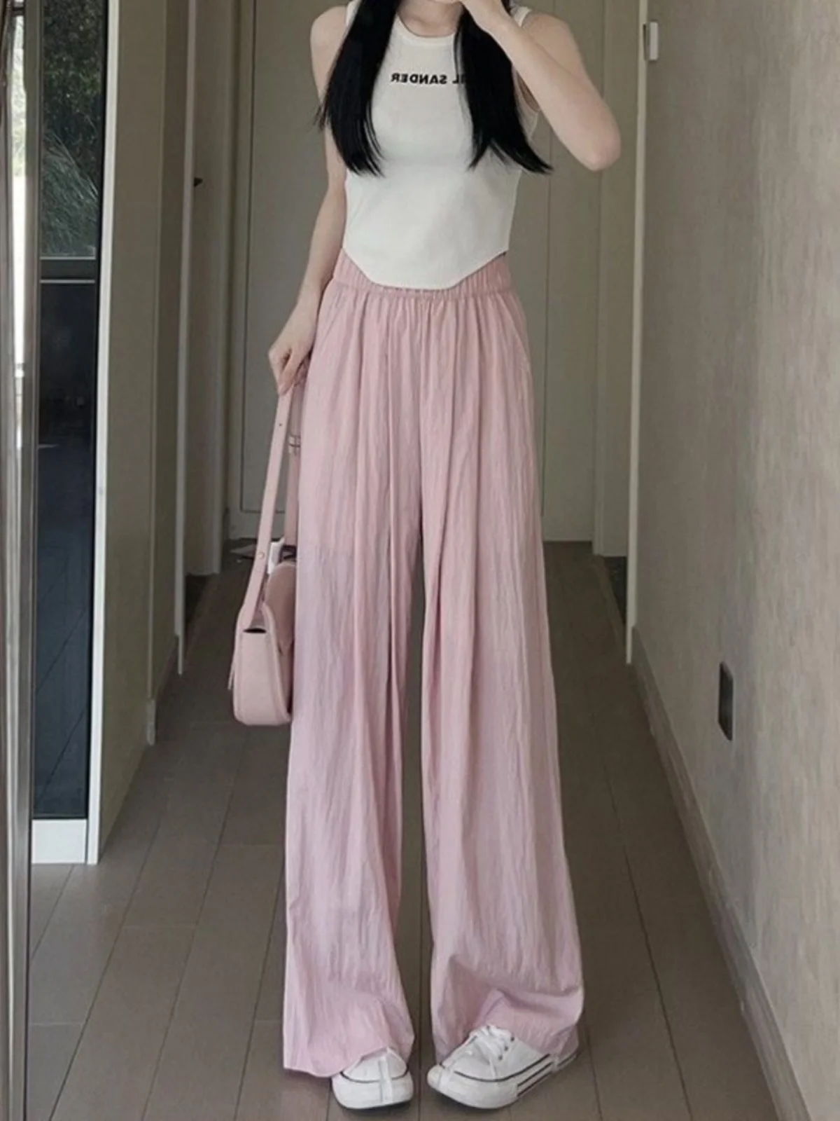 بنطلون نسائي واسع الساق من الحرير الصناعي للصيف، خفيف وفضفاض بخصر مرتفع وتصميم كوري أنيق للعمل