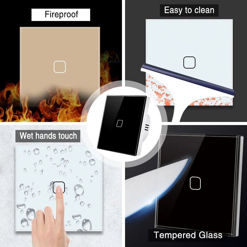 UBARO EU/UK Light Switch Crystal Glass Panel Light Wall Touch Switch Electrical Sensor LED Indicator 1 Gang 1 Way 220V Switch