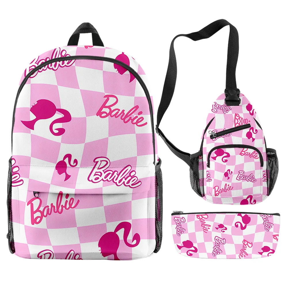 MINISO Barbie Peripheral Crossbody Bag, Pen Bag, Three-piece Set, Printed School Bag for Primary and Secondary School Students