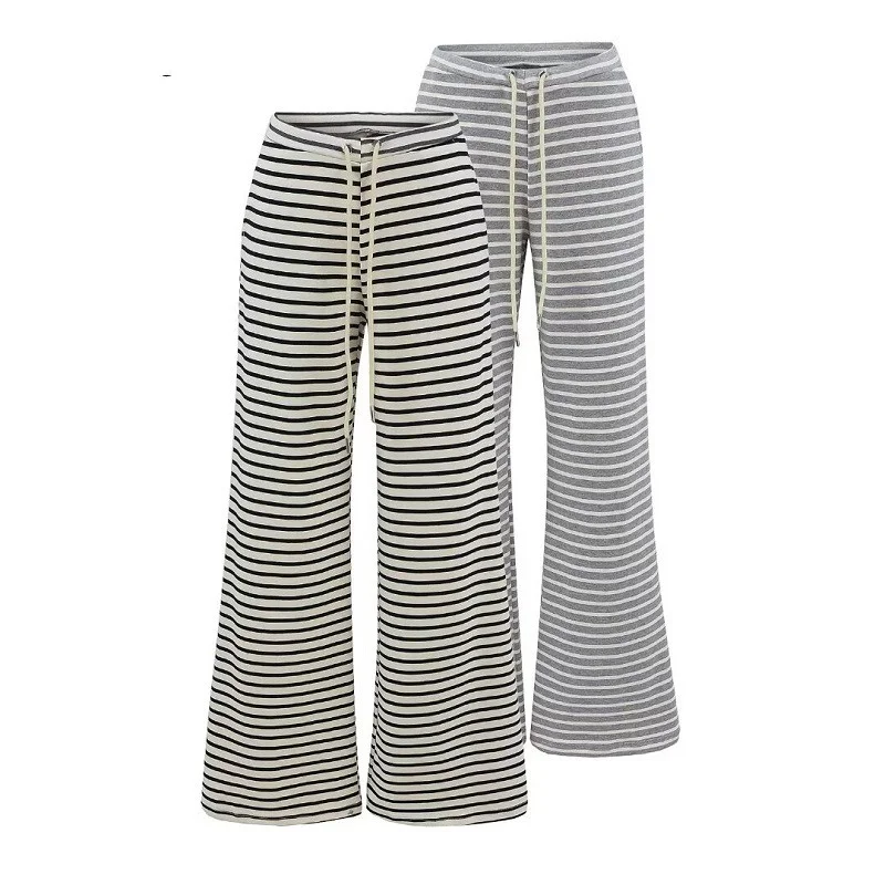 Lente nieuwe dames losse wijde pijpen casual broek trekkoord draperen vloerlengte wandelbroek zwart witte strepen broek