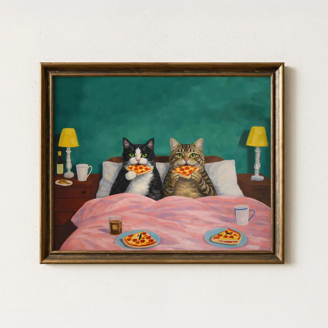 Cozy Pizza Night Cats Wall Art - Whimsical Print Celebrating Feline Comfort Food. The Rich Teal Backdrop and Soft Pink Beddin