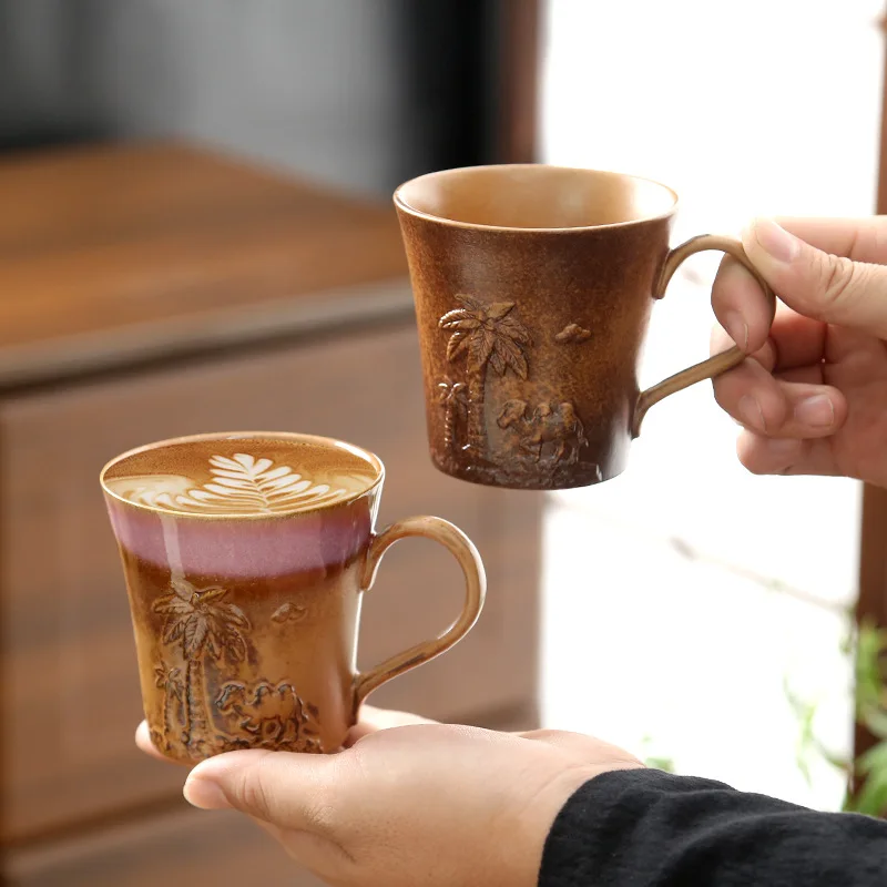Middle East Espresso Coffee Cup and Saucer Creative Retro Rough Pottery Relief Desert Camel Single Breakfast Cup Milk Mug