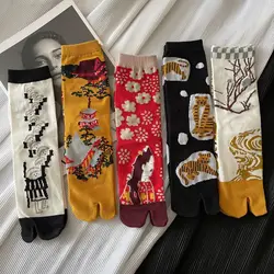 Women Colorful Combed Cotton Tabi Socks Funny Happy Cartoon Tiger Building Floral Soldier Harajuku Japanese Toe Socks