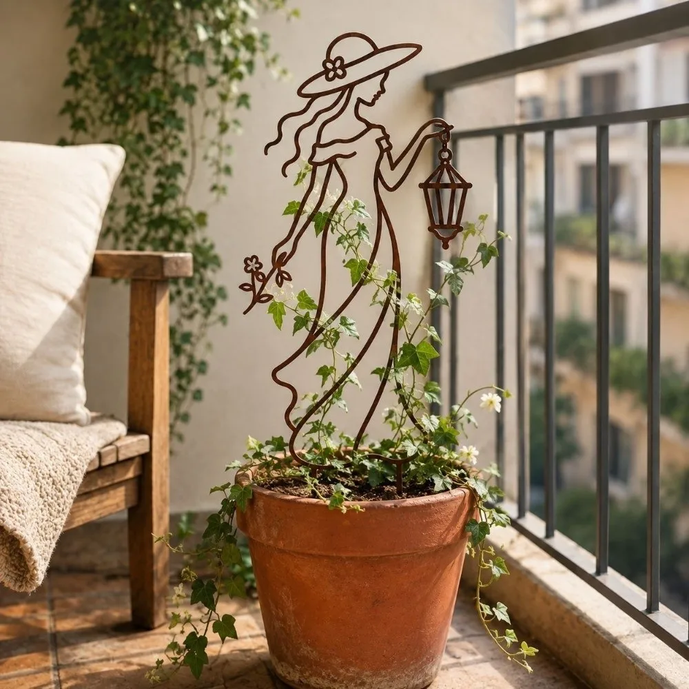 Distressed Iron Character Silhouette Plant Trellis Weather Resistance Strong Load Bearing Lady Plant Support Pile Rust Proof