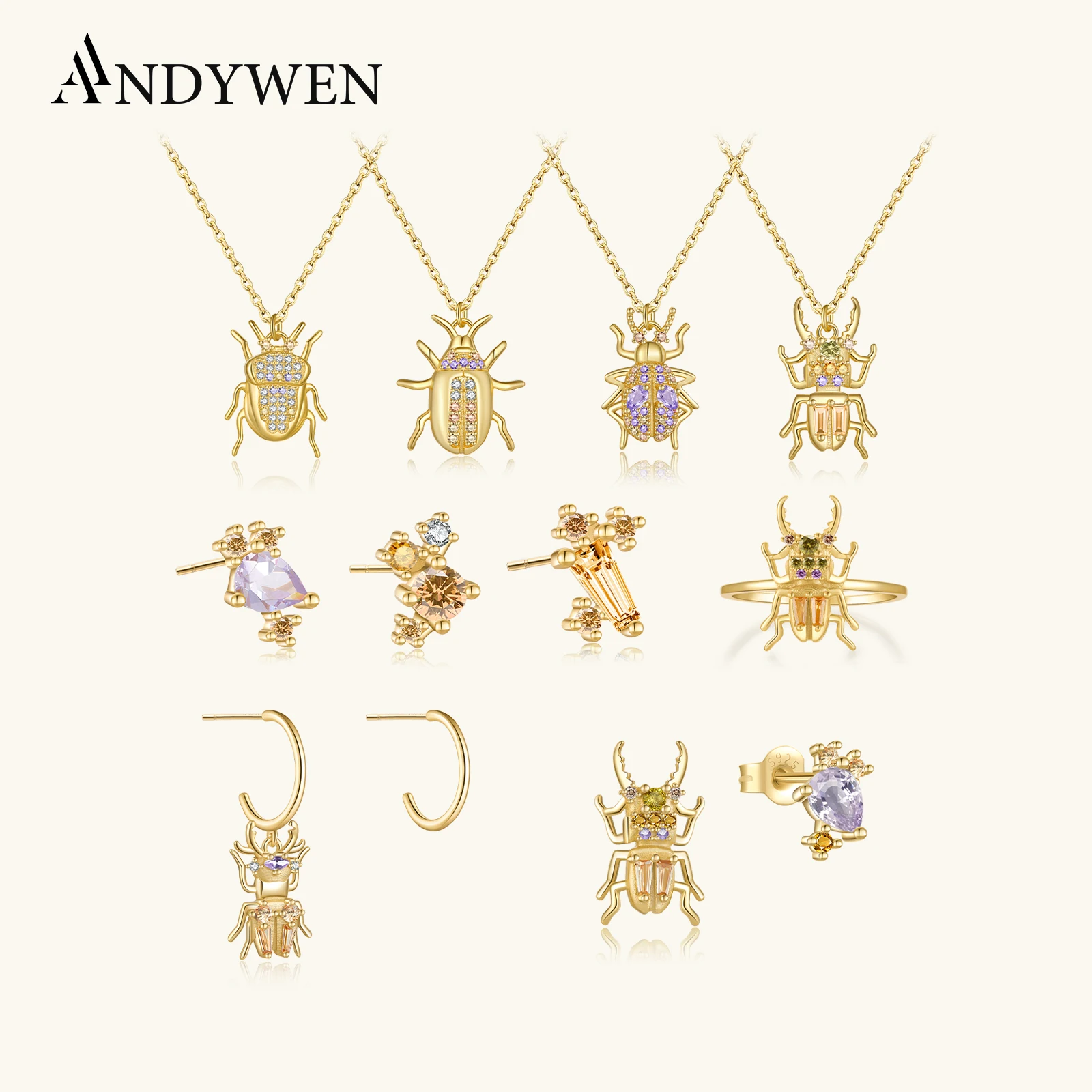 925 Sterling Silver Gold Beetle Jewelry Set with Zircon Earrings