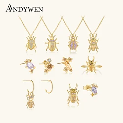 ANDYWEN 925 Sterling Silver Gold CZ Beetle Animal Zircon Piercing Earring Drop Courage Rings Long Chain Necklace Jewelry Set