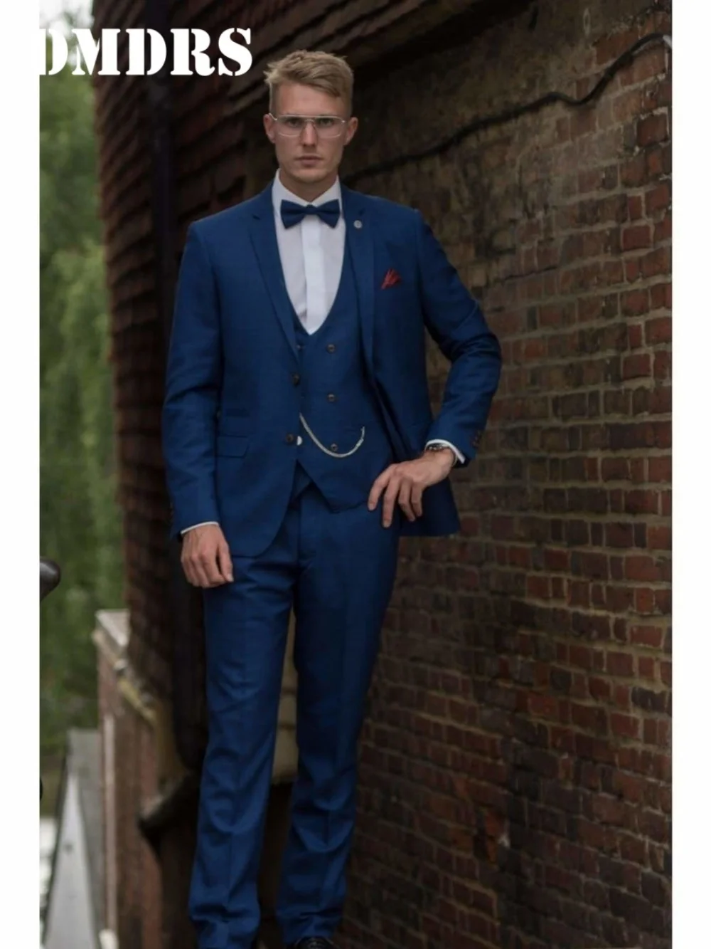 Handsome Men's 3-piece Blue Checked Wedding Suit 2026 Elegant Slim Jacket Vest Pants Business Formal with Bow Tie Accent