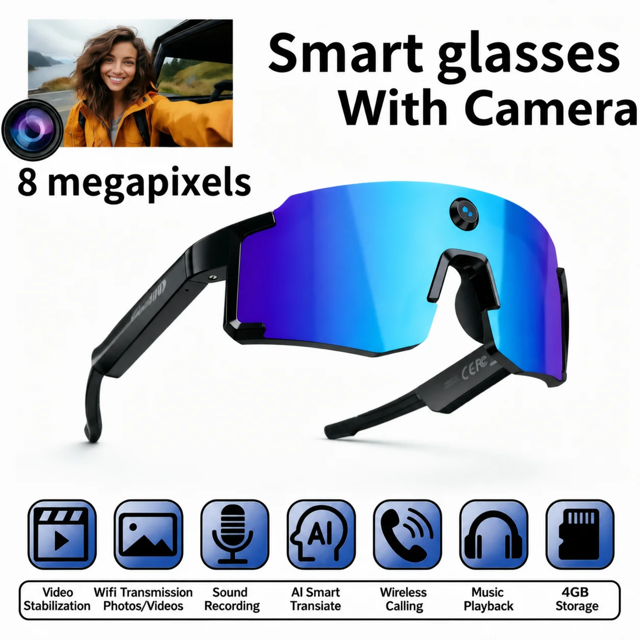 PEJE AI Smart Glasses 8MP Camera Photo Video Recording 100+ Languages Translation Wireless 5.4 WiFi Music Calls Voice Assistant