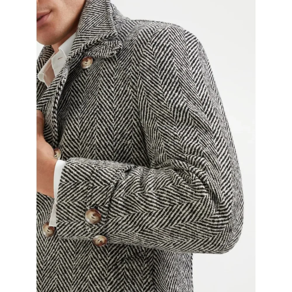 Trench da uomo a spina di pesce Cappotto lungo doppio petto Cappotto invernale caldo colletto con risvolto Capispalla moda casual formale da lavoro