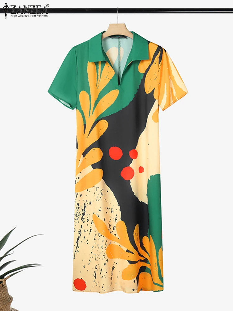 ZANZEA-Vestidos de manga corta con cuello vuelto para mujer, Vestidos informales con estampado Floral para mujer, Vestidos por debajo de la rodilla de verano 2025, Vestidos sueltos para vacaciones