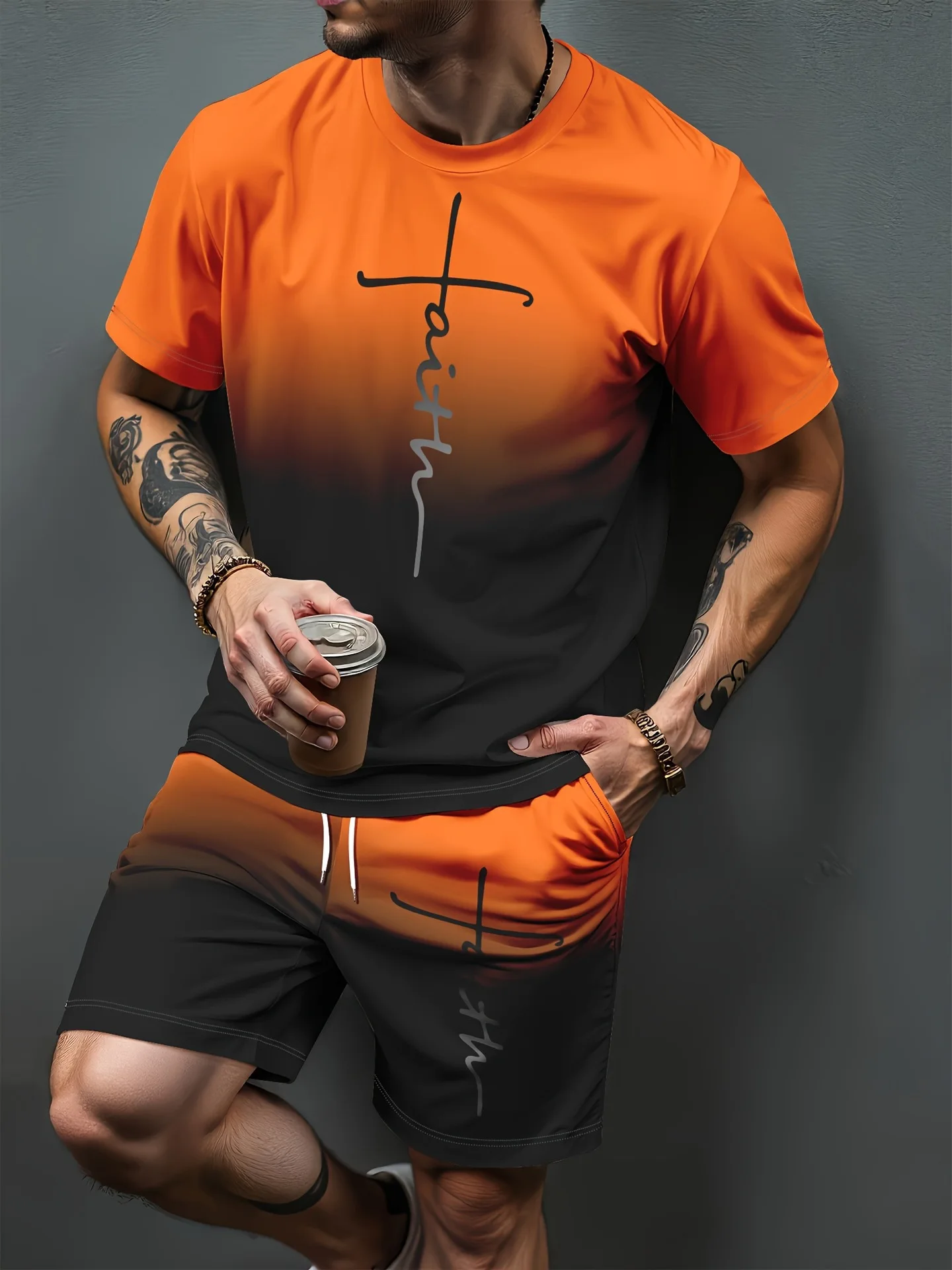 Gradient Letter Pattern 3D Print Tracksuits Men Women Casual Short Sleeve T-Shirt Shorts Sets 2pcs Sportswear Suits Man Clothing