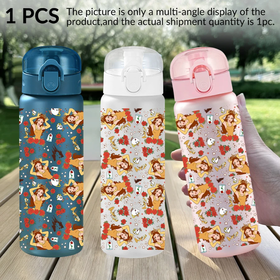 1 Stück Disney, Belle, 26 Unzen Kunststoff-Wasserflasche mit Rosenmuster, Outdoor-Sport-Wasserbecher, Geburtstags-/Schulgeschenk