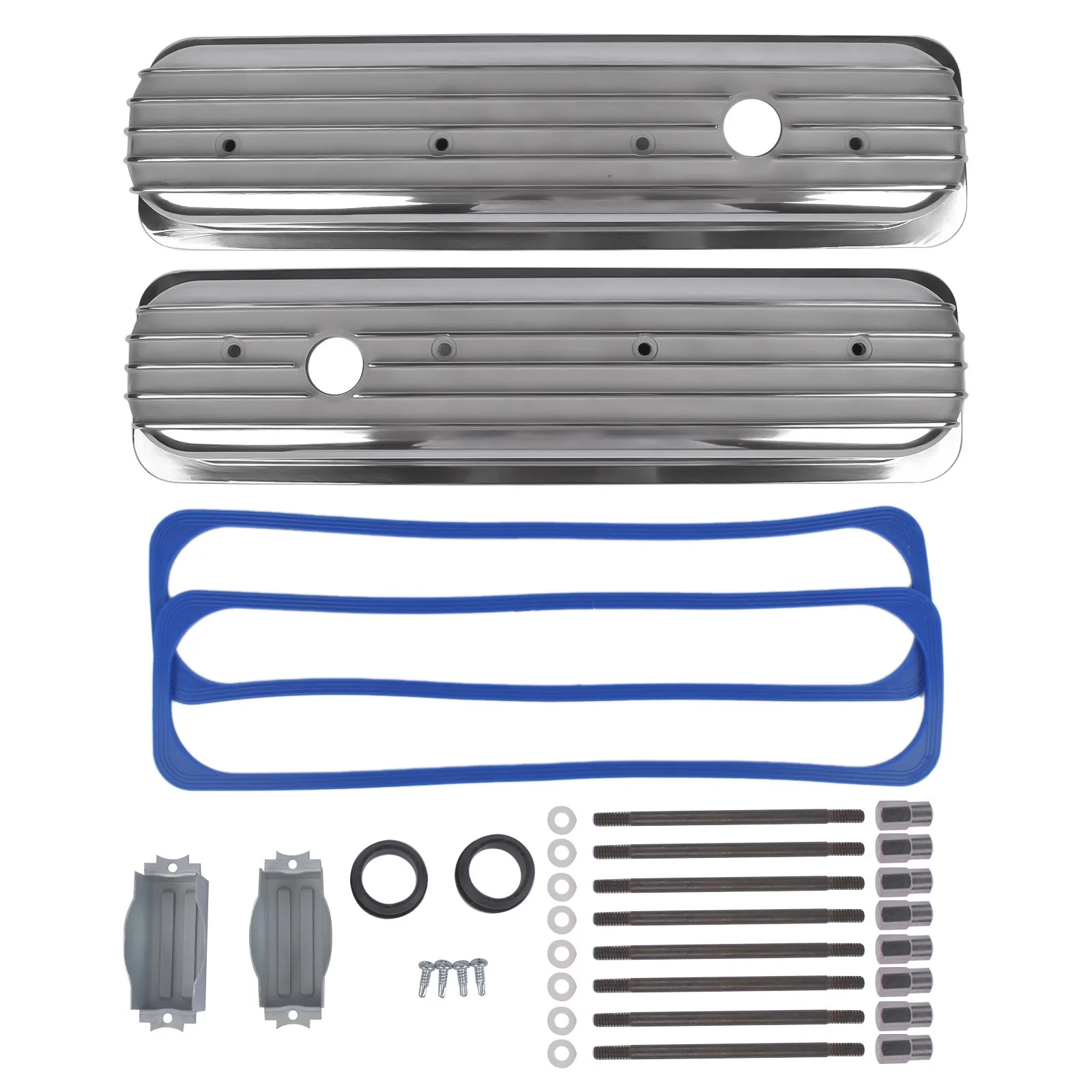 AP02 Finned Polished Center Bolt Valve Covers w/ Gasket For 5.0L & 5.7L SBC 350 450 1987-1999 Small Block Chevy 283, 305, 327, 350 and 450 with Center-Bolt Pattern.