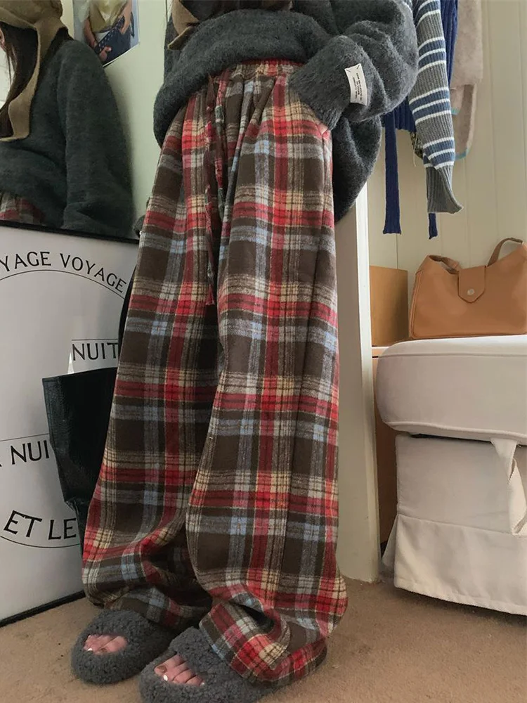 チェック柄暖かいフェイクウールパンツ女性ストリートレトロハイウエストストレートパンツカジュアル原宿レディース秋冬ルーズパンツ新作