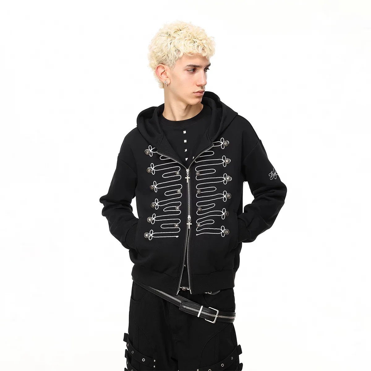 Hip-hop disc rope tie jacket men's and women's tops trendy brand dark rope embroidered court zipper hooded sweater