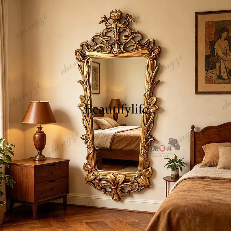 American retro wall-mounted full-body mirror  home-carved special-shaped full-length mirror French wall-mounted fitting mirror