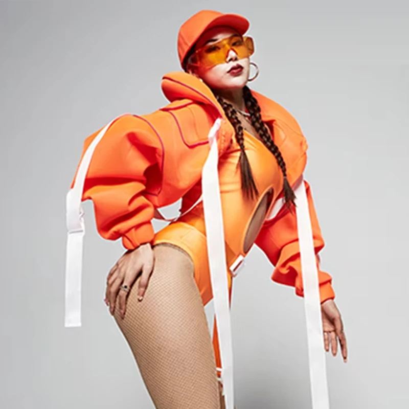 New Sexy Gogo Dancer Costume Jazz Hip Hop Dance Suit Nightclub Dj Ds Clothing Party Show Rave Outfit Orange Jacket Bodysuit