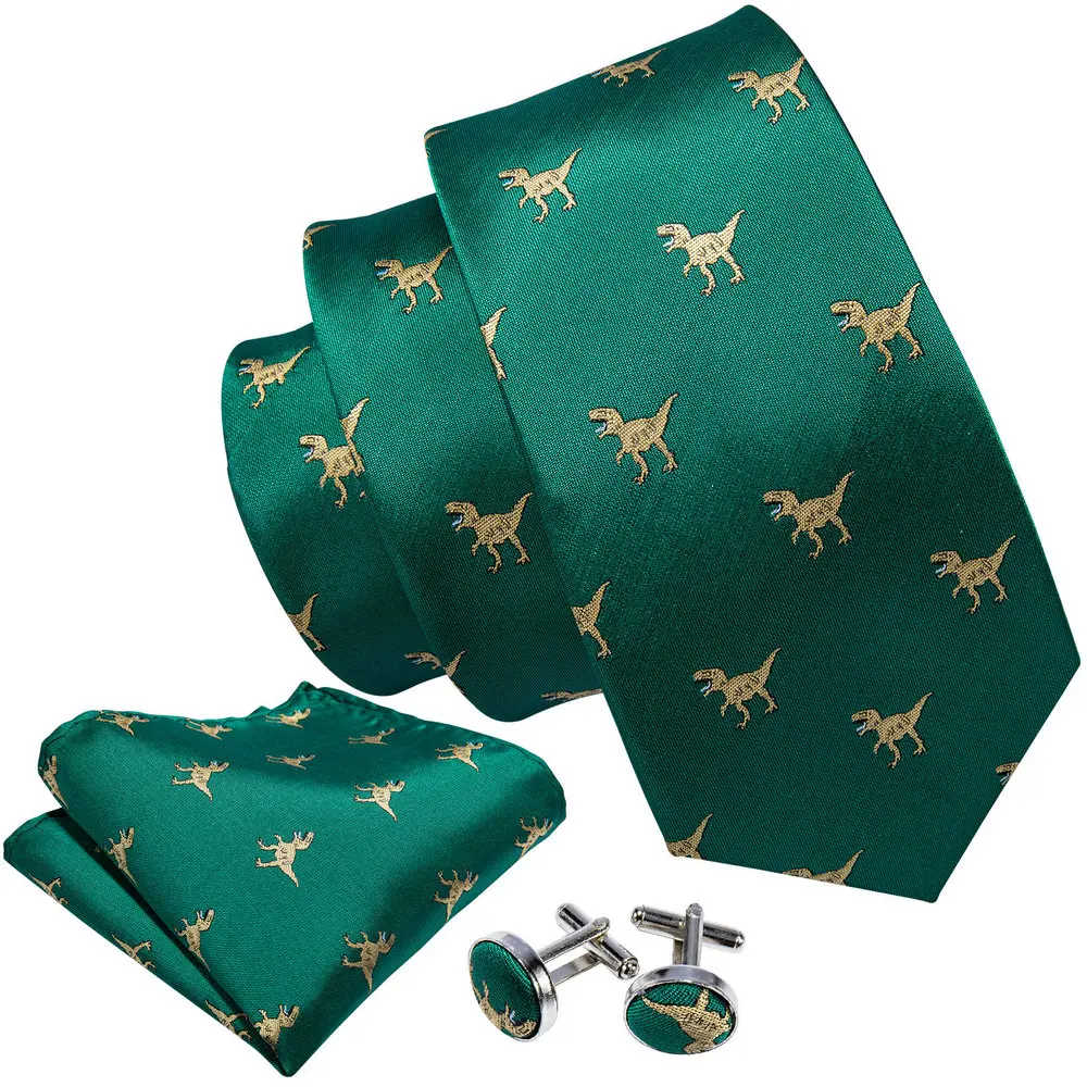 Corbata de dinosaurio verde para hombre, traje de gemelos cuadrados de bolsillo de seda de diseñador, conjunto de corbata para hombre, fiesta de cumpleaños de negocios, Barry.Wang, novedad