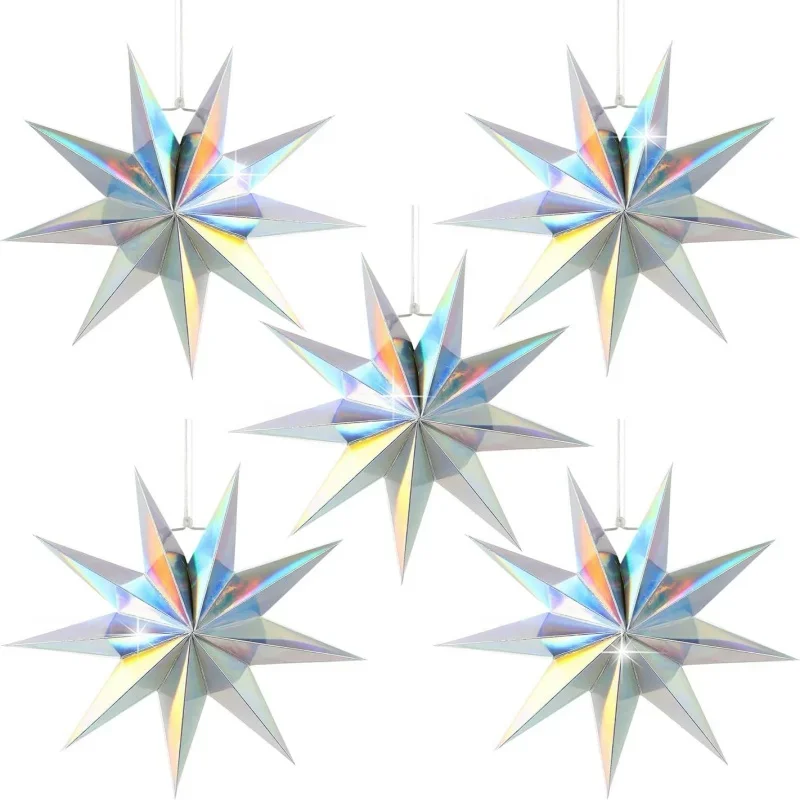 Holographic Party Stars Ornament Lanterns Iridescent 3D Star Hanging for Wonderland Christmas Star Pendant Birthday Party Decor