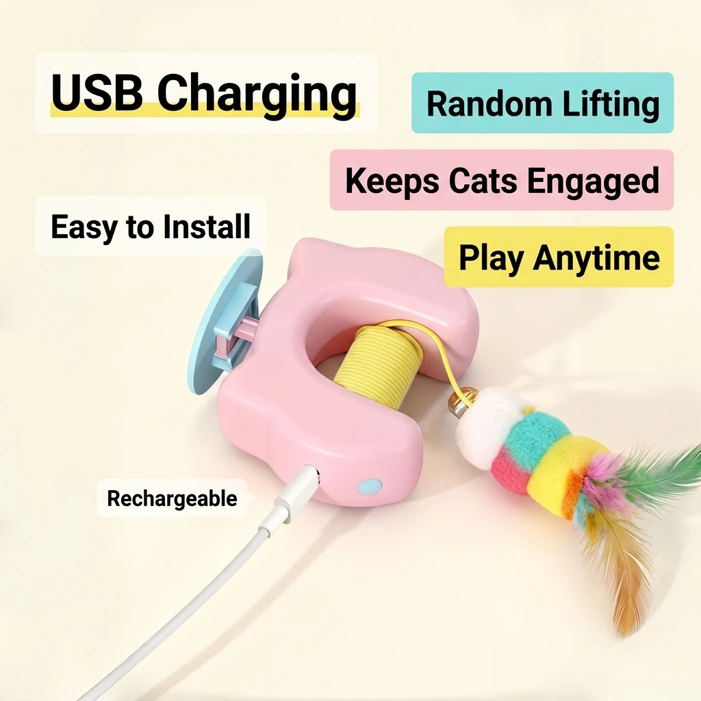 Electric Cat Toy with 2 Ropes Automatic Swing Feather Toy Electric Bird Yo-Yo Hunting Bungee Rope Pet Toy Kitten Exercise Tool