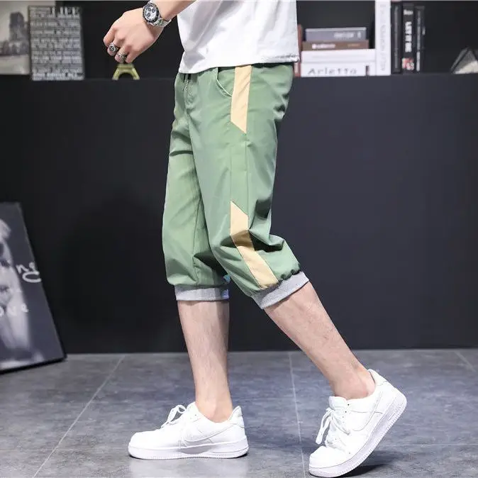 Summer Men Workwear Stripes Trendy and Versatile Casual Sports Thin Style Tying Feet Cropped Pants