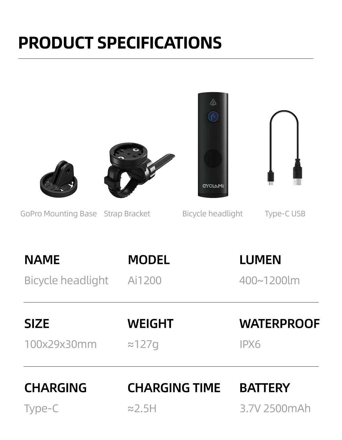 CYCLAMI AI-1200 Bike Headlight MTB Road Bicycle AI 1200 Lumens Front Lamp Night Cycling Portable Flashlight Black Tail Light