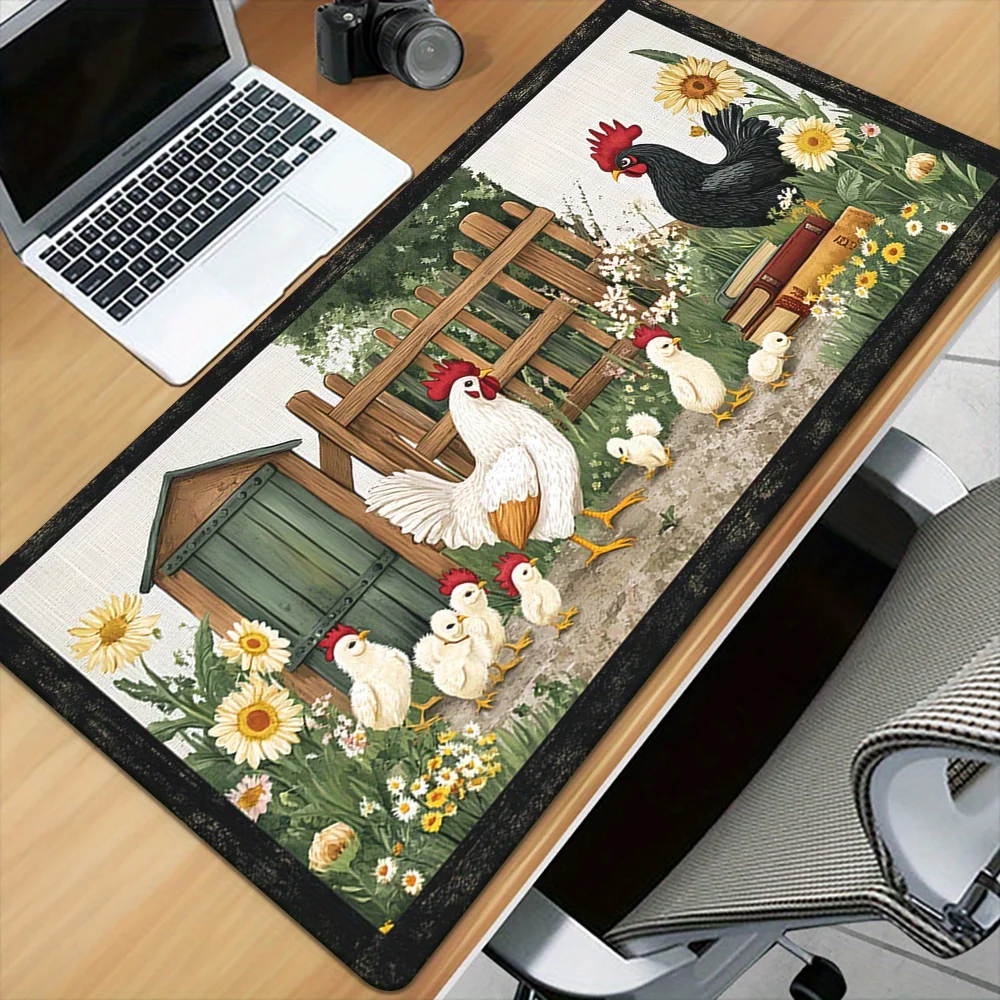 Large Farm Chicken Family Extended Mouse Pad Non-Slip Rubber Base Desk Mat with Sunflower Pattern for Computer
