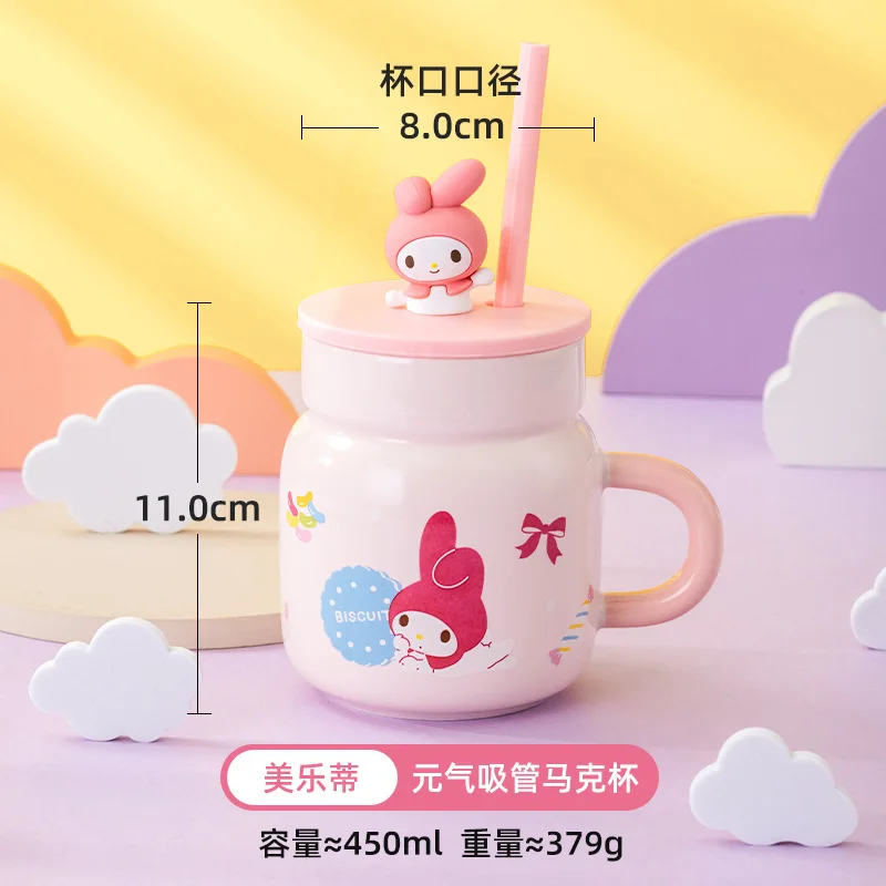 Taza de cerámica de hello kitty sanrio, vaso de paja de silicona con tapa, my melody, canela, perro, taza de agua, lindo Hogar, niña, regalo de cumpleaños, anime