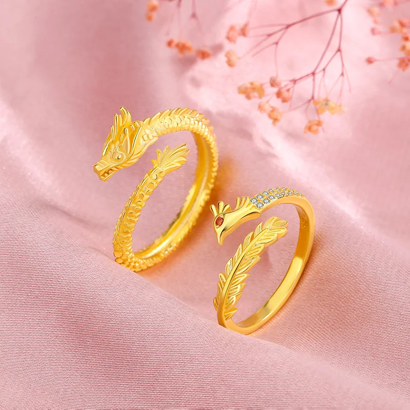 

Genuine 18 K Gold Color Retro 3D Dragon Phoenix Ring for Lover Women Men Birthday Wedding Bands Jewelry Gifts