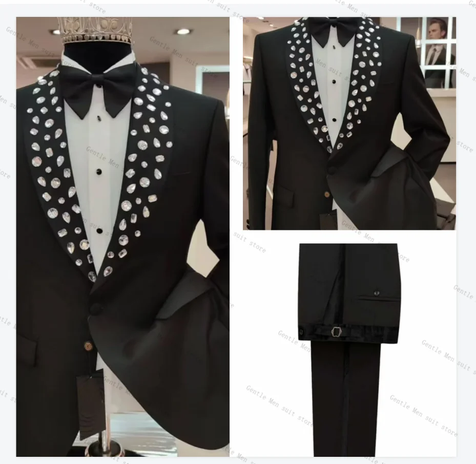 

Crystals Black Men Suit Pants Set 2 Piece Blazer+Cotton Trousers Wedding Groom Prom Coat Customized Formal Office Jacket Outfit