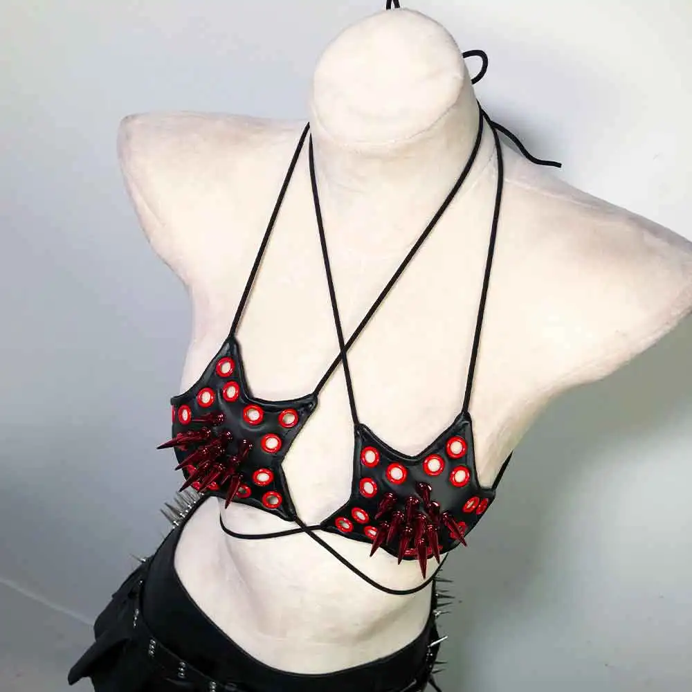 Goth Bra Tops Vkei Y2K T-shirt with Spikes Grunge Rave Festival Outfit Spiked Punk Rock Clothes Gothic Tank Emo Clothing