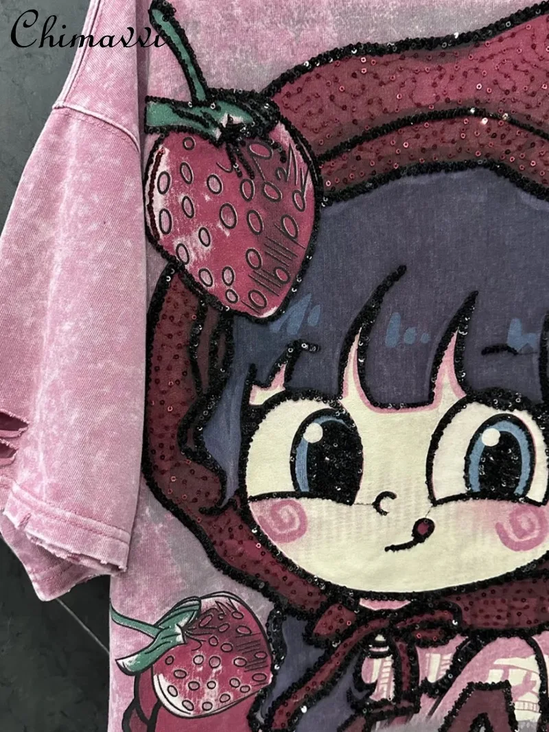 甘いクールな穴デザイン漫画イチゴ少女甘い Tシャツ春夏のファッションルーズ半袖 Tシャツ女性トップス