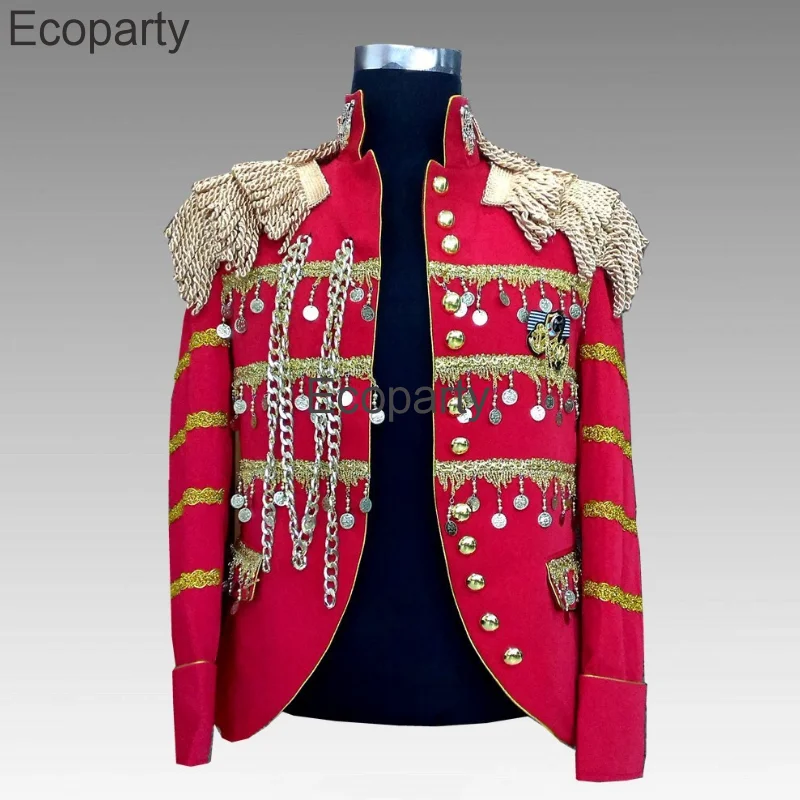 Mens Medieval Luxury Noble Prince Costume Spanish Bullfighter Clothes Metal Tassel Cardigan Jacket Singer Stage Performance Coat