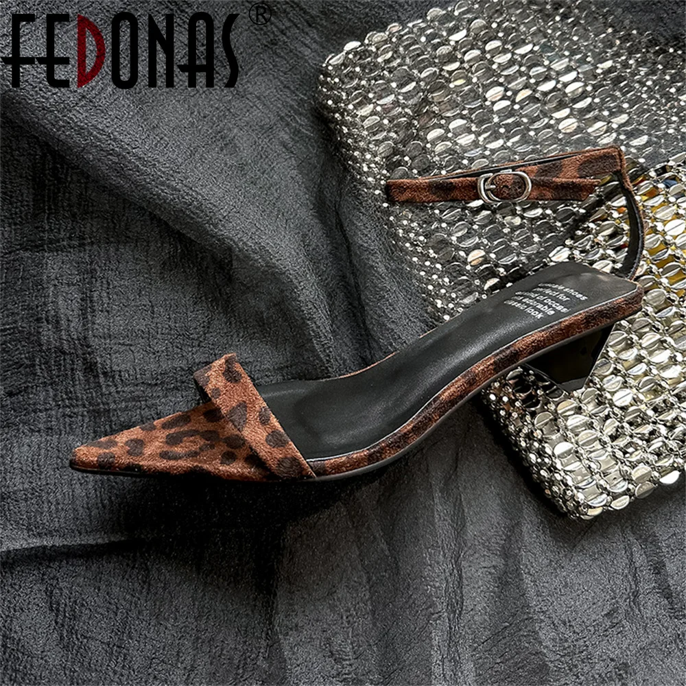 FEDONAS Fashion Sexy Leopard Sandals Leather Kitten High Heels Pointed Toe Party Wedding Shoes Woman Buckles Prom Summer Pumps