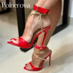Belt Buckle Metal Chain Sandals Pointed Toe Stiletto Sexy High Heels Multi-Color Custom Large Size Patent Leather Women Sandals