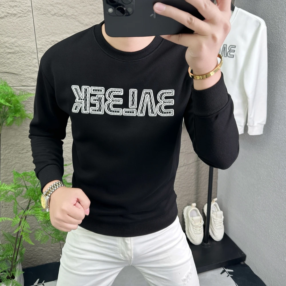 

Модный мужской свитшот с круглым вырезом и вышивкой, роскошный повседневный лонгслив, приталенный, в уличном стиле, удобный, осенне-зимний.