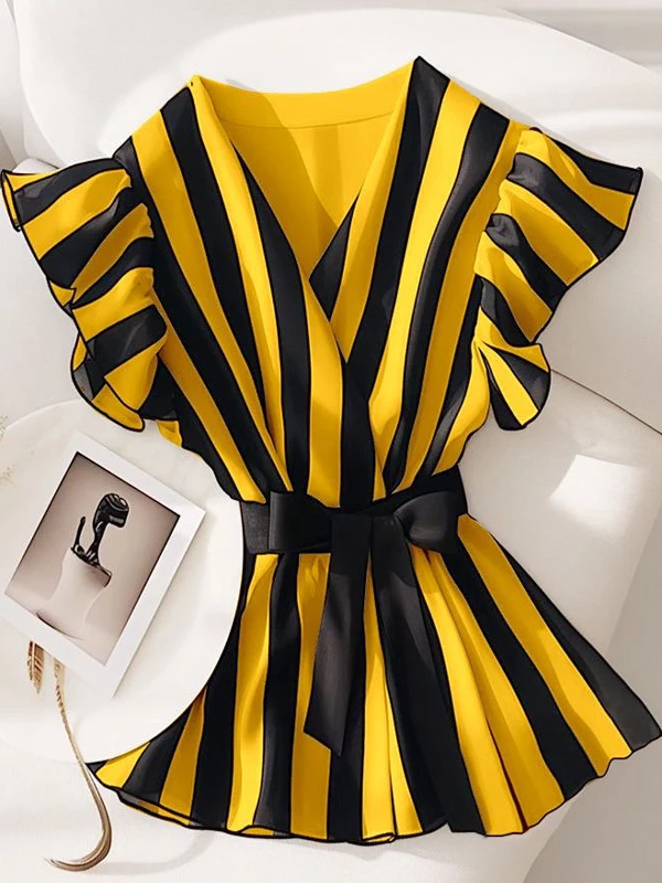 Ele minceur Bla blanc haut rayé Faionable Little Fly Sve irt Sli trajet Sle coupe ample ort Sve V Ne