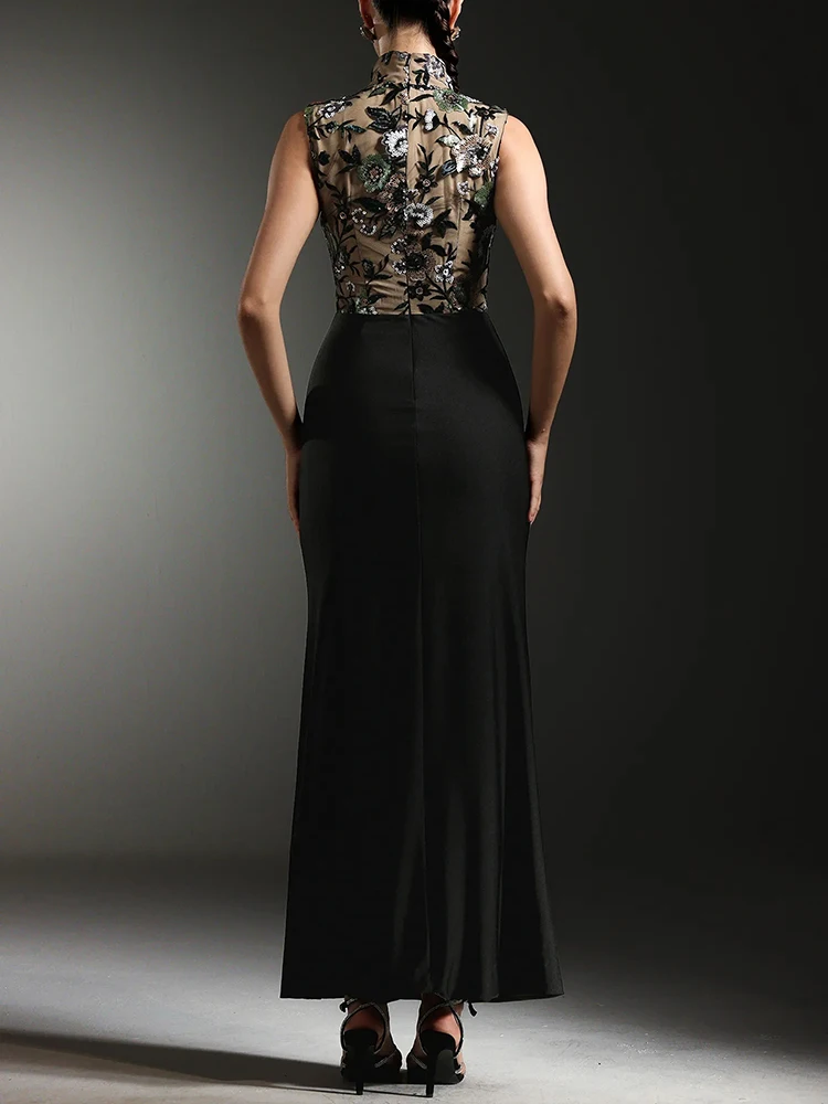 Elegant Black Maxi Evening Dresses–Sleeveless High Neck Floral Embroidered Sheer Bodice Dress Women Prom & Wedding Guest Outfit