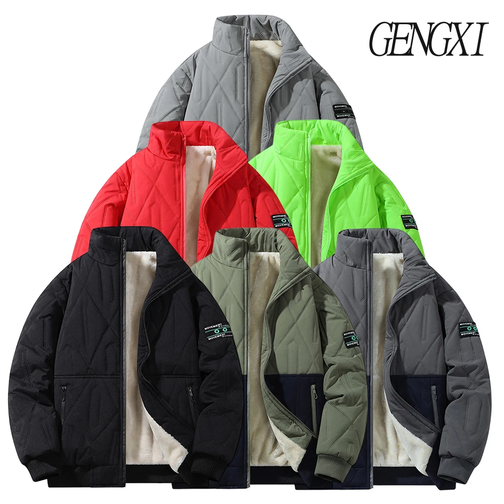 

Men's Diamond-Pattern Fleece-Lined Thickened Cotton Coat New Winter Windproof Warmth Patchwork Colour-Block Stand Collar Jacket