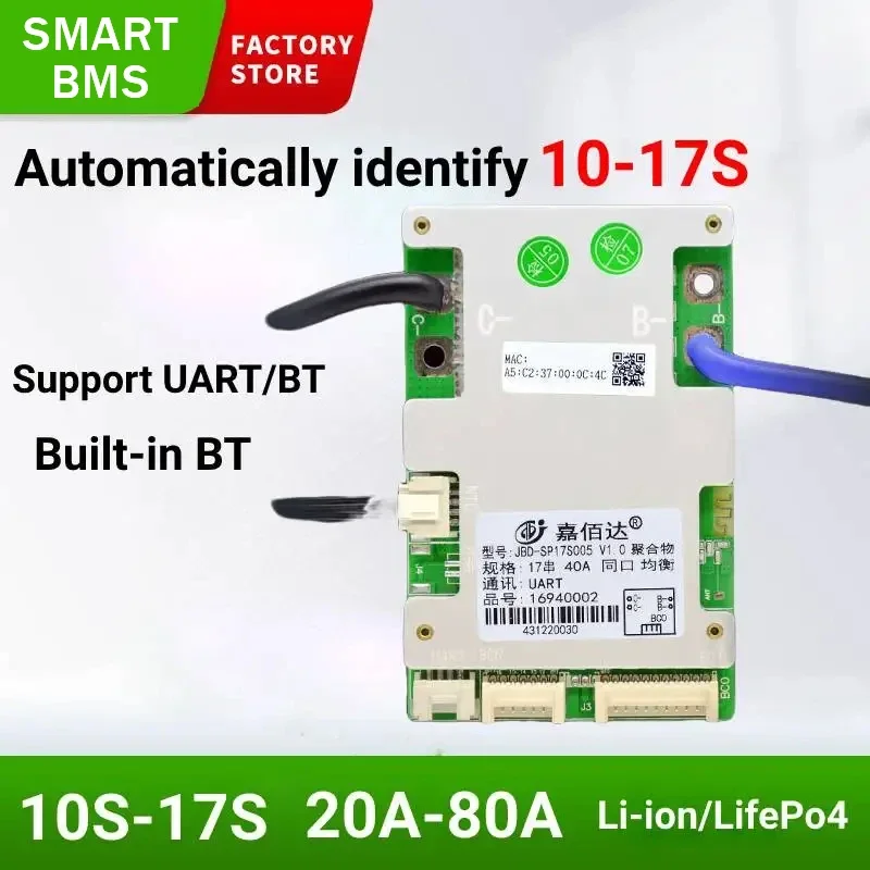 JBD 10S 12S 13S 14S 16S 17S Smart BMS 20A 40A 50A 60A 80A For LifePo4 36V 48V Lithium Battery Bms Protection Board Built-in BT