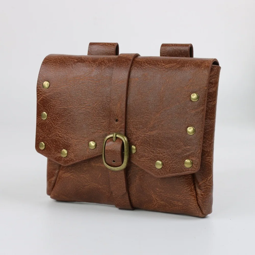 Vintage Leather Pouch Bag Medieval Style PU Leather Viking Belt Bag Steampunk Design Buckle Closure Waist Bag Unisex