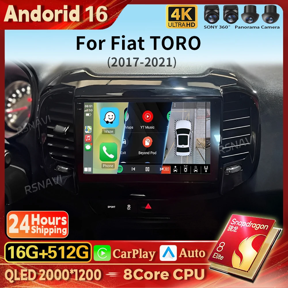 Rádio Automotivo Android 16 Carplay Auto com Tela 2K, Reprodutor Multimídia BT para FIAT Toro 2017 - 2020, Autoradio GPS Estéreo 2din Qualcomm