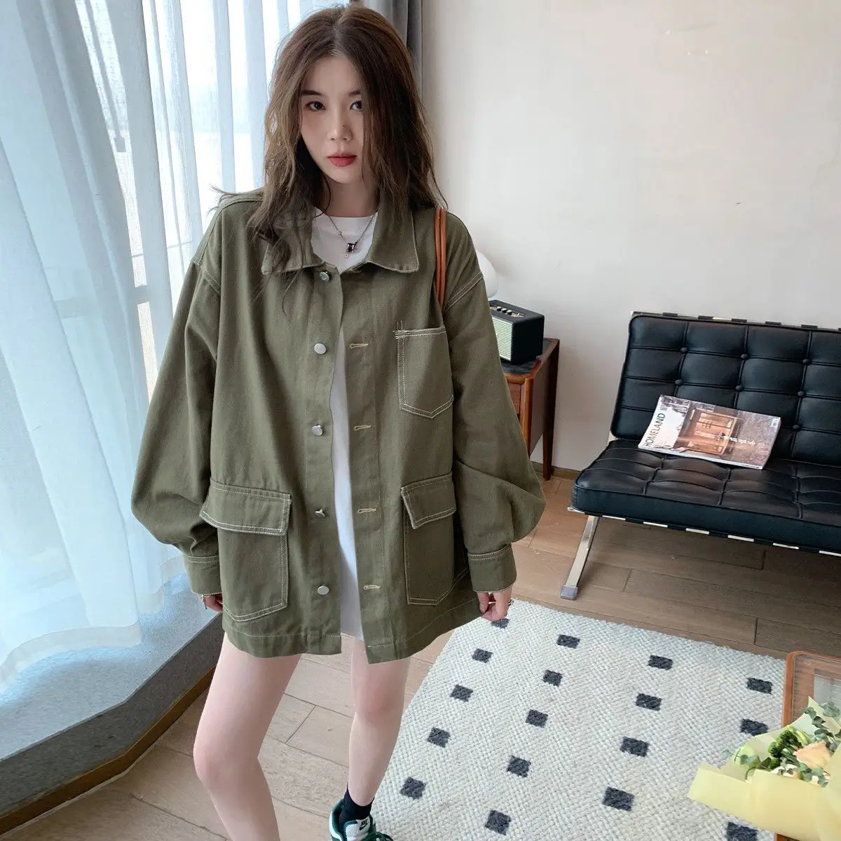 

Denim Coat Embossed Womens Winter Sherpa Quilted Fleece-Lined Cropped Padded Flared Steampunk Mountaineering Functional Jackets