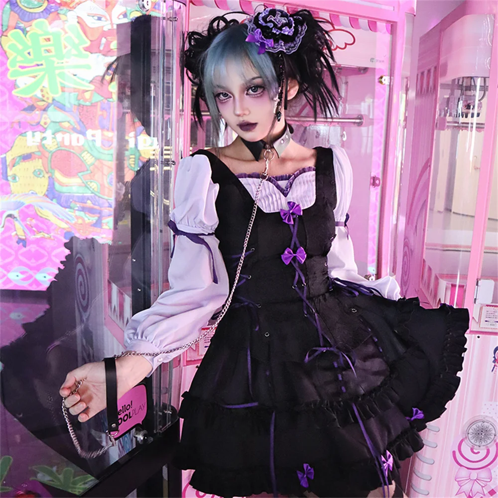 

Cosplay Hot Girl Punk Fake Three Piece Dress Drawstring Chiffon Puff Sleeve Lo Dress Vintage Gothic Loli OP Vestidos