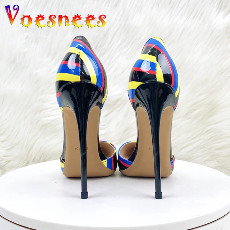 

Mixed Color Pointed Toe Stilettos 12CM Office Work High Heels 2024 New Sexy Side Empty Party Women Shoes Summer Stripes Sandals