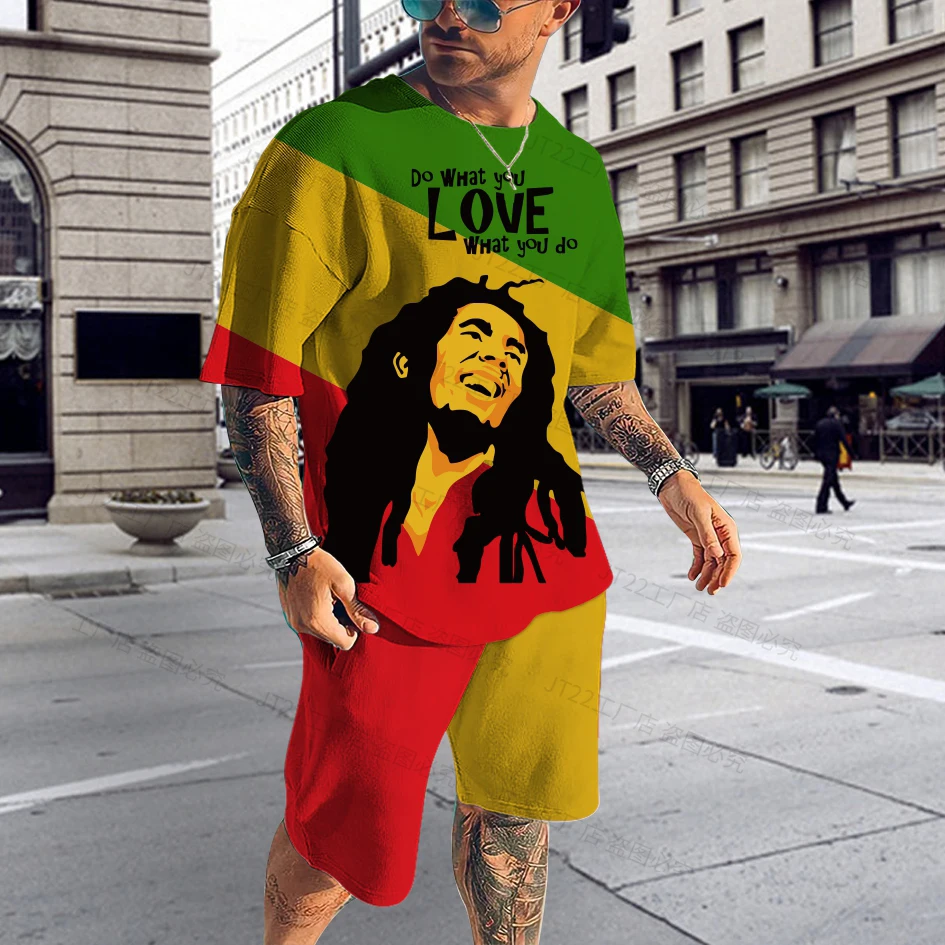 Summer Men\'s Tracksuit Bob Marley Reggae Music T-Shirt Shorts Set Casual Suit Fashion Outfit Male Oversized Streetwear One Love