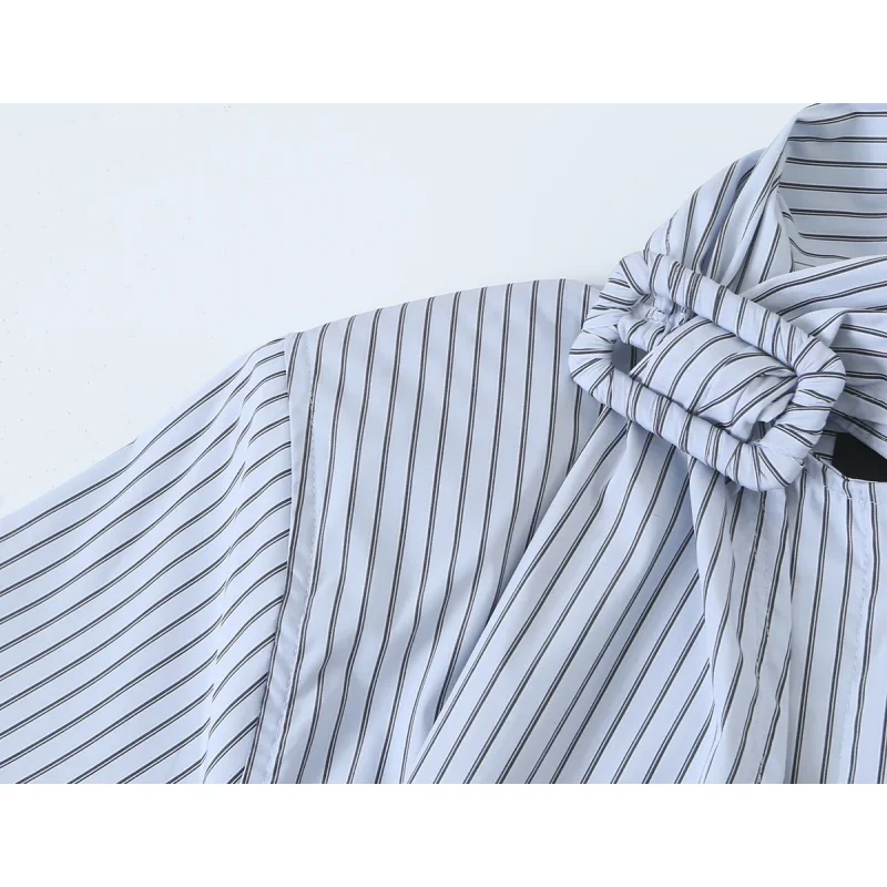 Damen Herbst Hellblaue Vertikal Gestreifte Bluse mit Schleifenkragen, Langen Ärmeln, Knopfleiste, Elegante Büro- und Pendler-Bluse – Detail 3