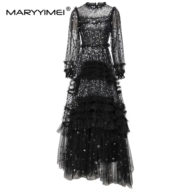 MARYYIMEI Fashion Autumn Women's Ball Gown dress Long sleeved Shiny sequins Wood ear edge Mesh Elegant Party luxurious Dresses