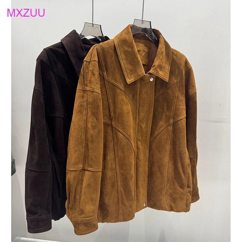 Real Sheepskin Suede Jacket Women Lapel Zipper Vintage Leather Coat Fold Design Caramel/Coffee Loose Casual Oversized Chaquetas